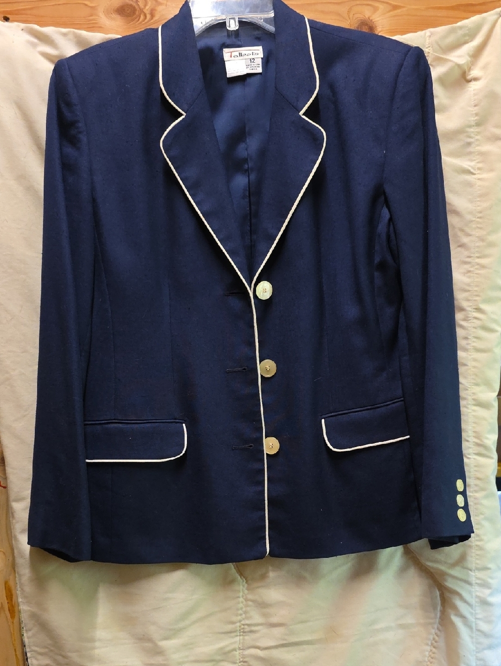Vintage Talbots Linen Blend Navy Blazer with White Piping Women's Size 12